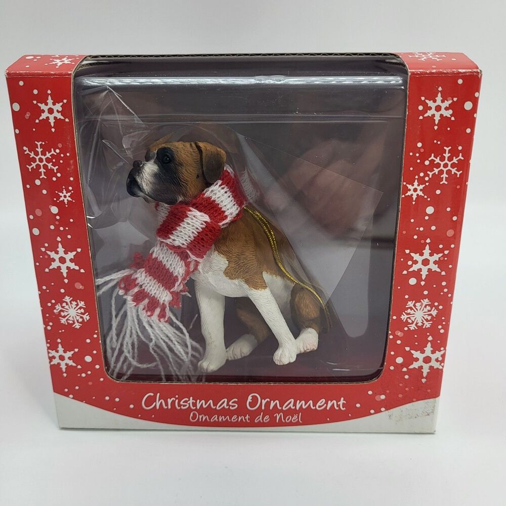 Sandicast Fawn Boxer Dog with Scarf Christmas Ornament Decoration Sandra Brue
